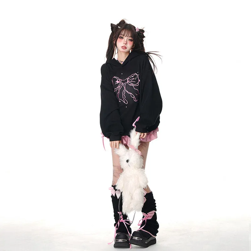 American Retro Sweet Style Pink Bow Print Hooded Sweatshirt