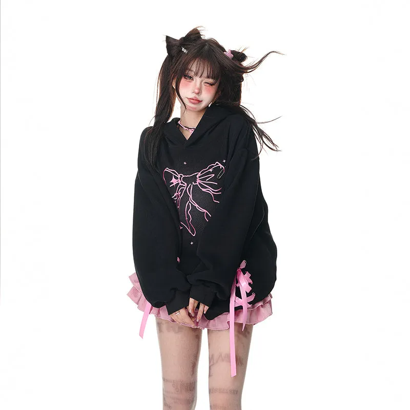 American Retro Sweet Style Pink Bow Print Hooded Sweatshirt