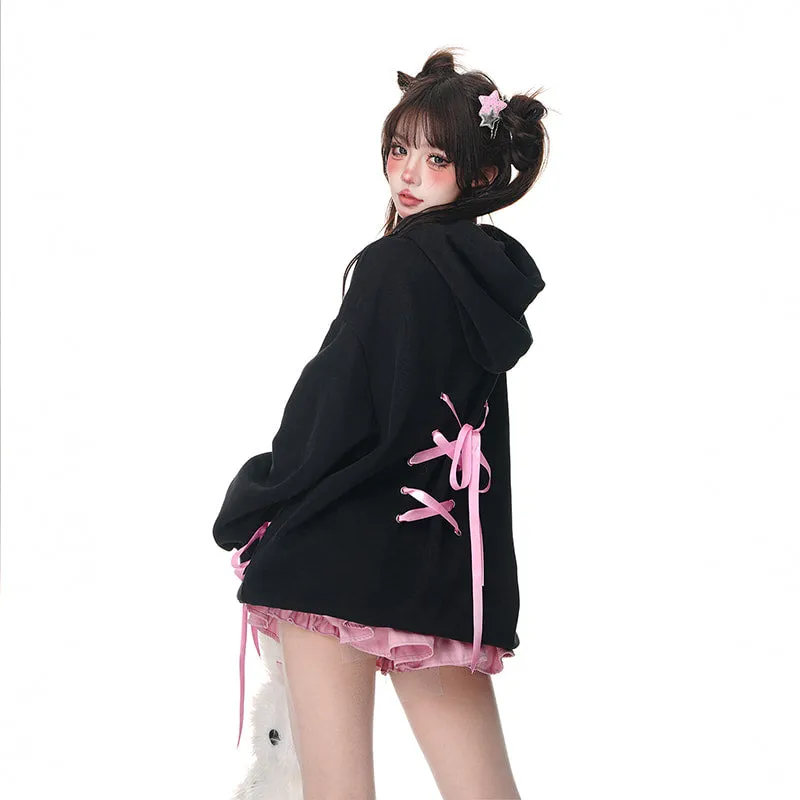 American Retro Sweet Style Pink Bow Print Hooded Sweatshirt