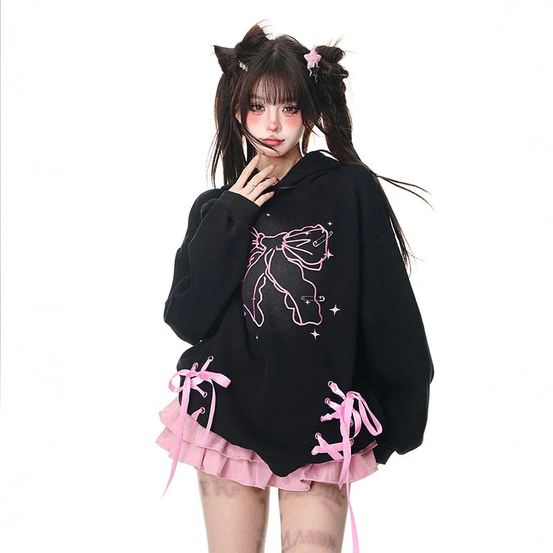 American Retro Sweet Style Pink Bow Print Hooded Sweatshirt