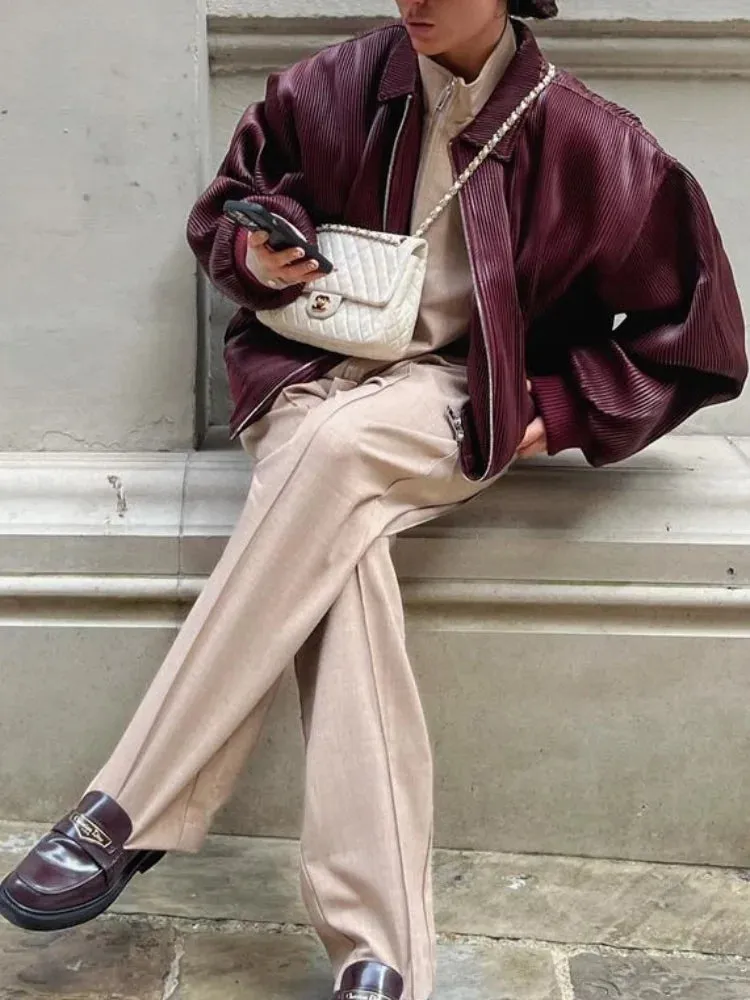 Back To School Joskaa Autumn Fashion Corduroy Lapel Zipper Long Sleeved Coats Casual Wine Red Pocket Women's Jacket 2024 Street Commuting Outerwear