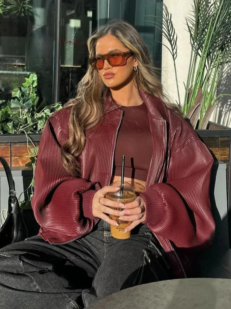 Back To School Joskaa Autumn Fashion Corduroy Lapel Zipper Long Sleeved Coats Casual Wine Red Pocket Women's Jacket 2024 Street Commuting Outerwear
