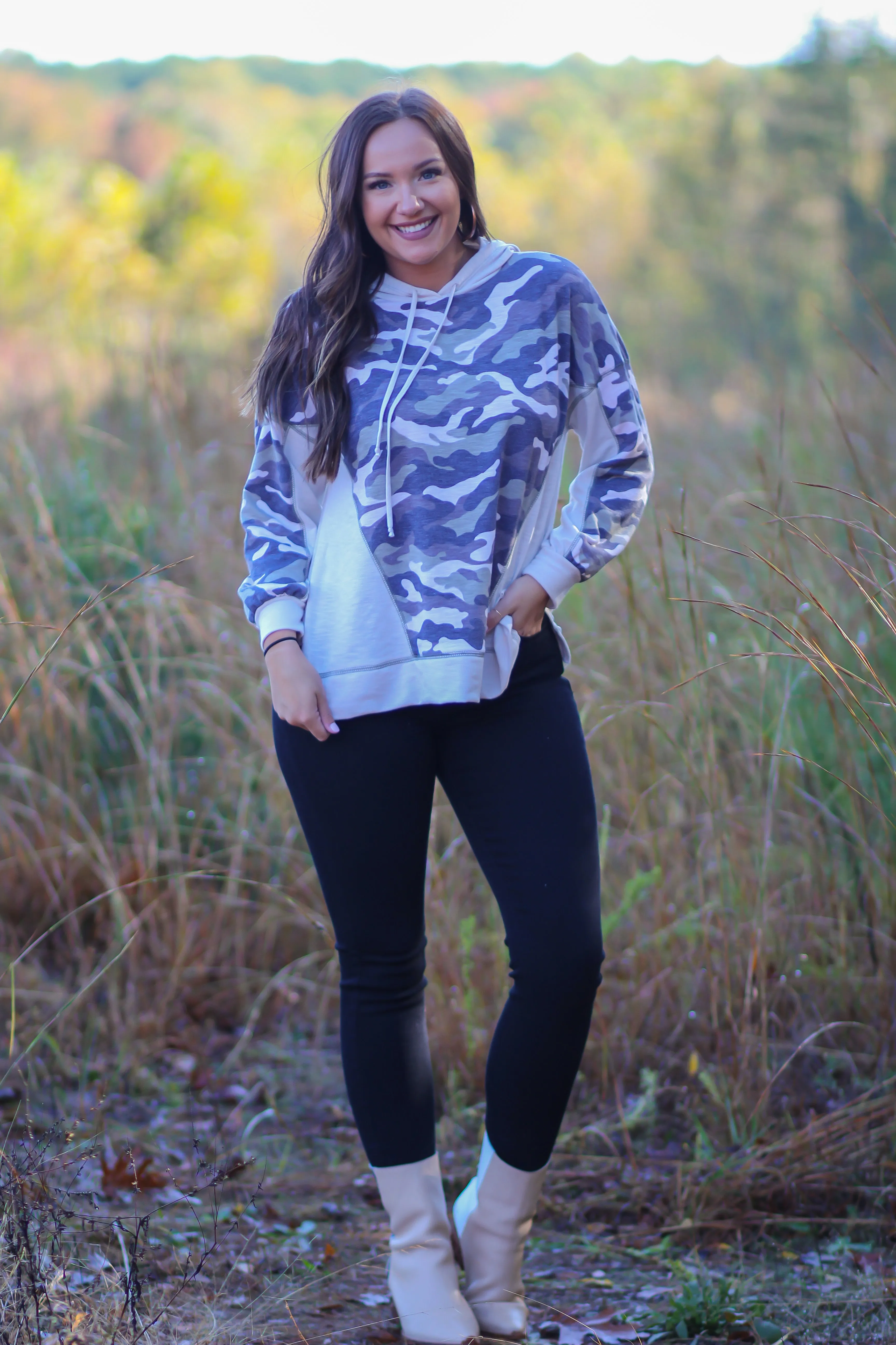 Cream & Camo Contrast Hooded Top