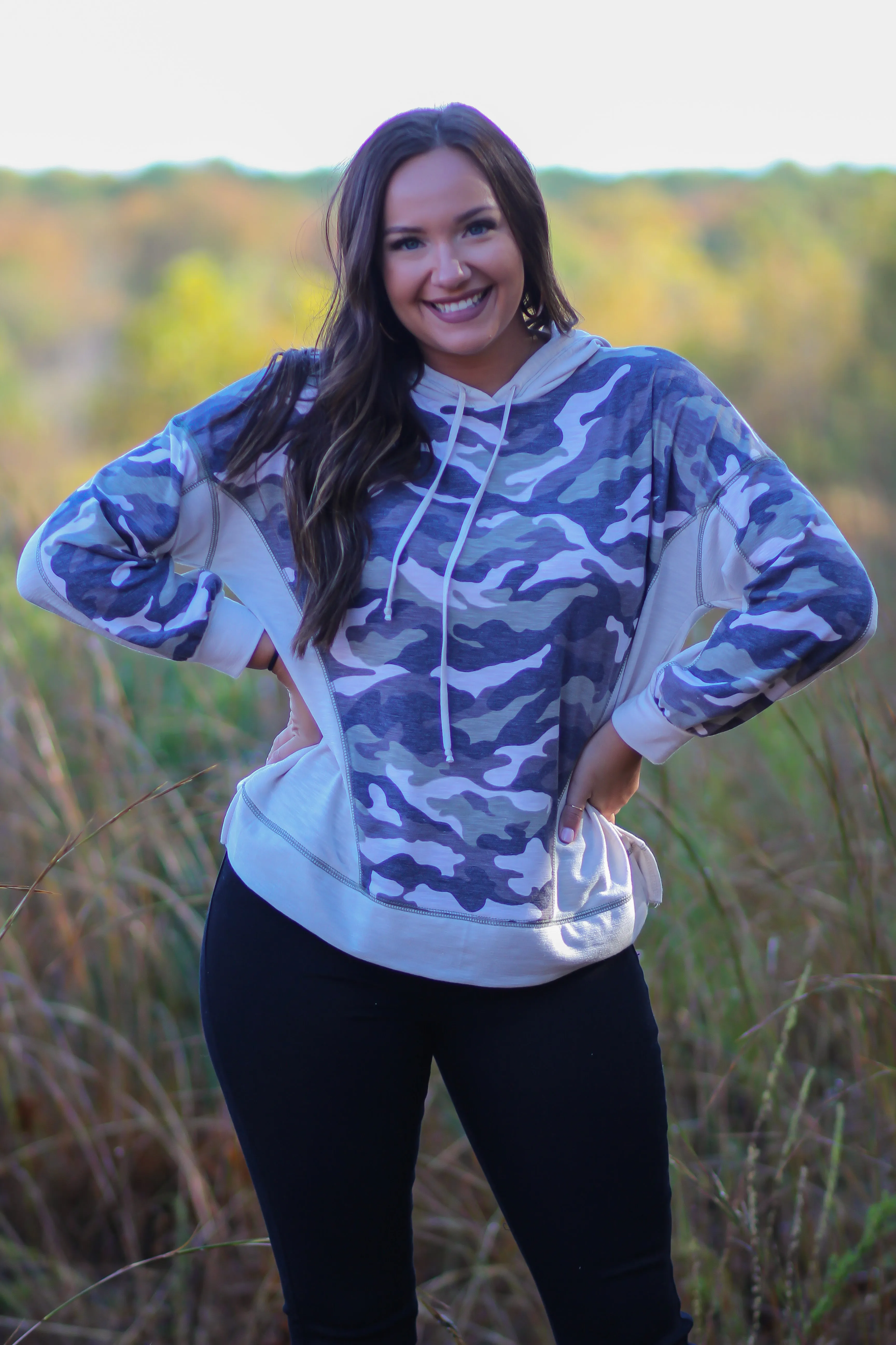 Cream & Camo Contrast Hooded Top