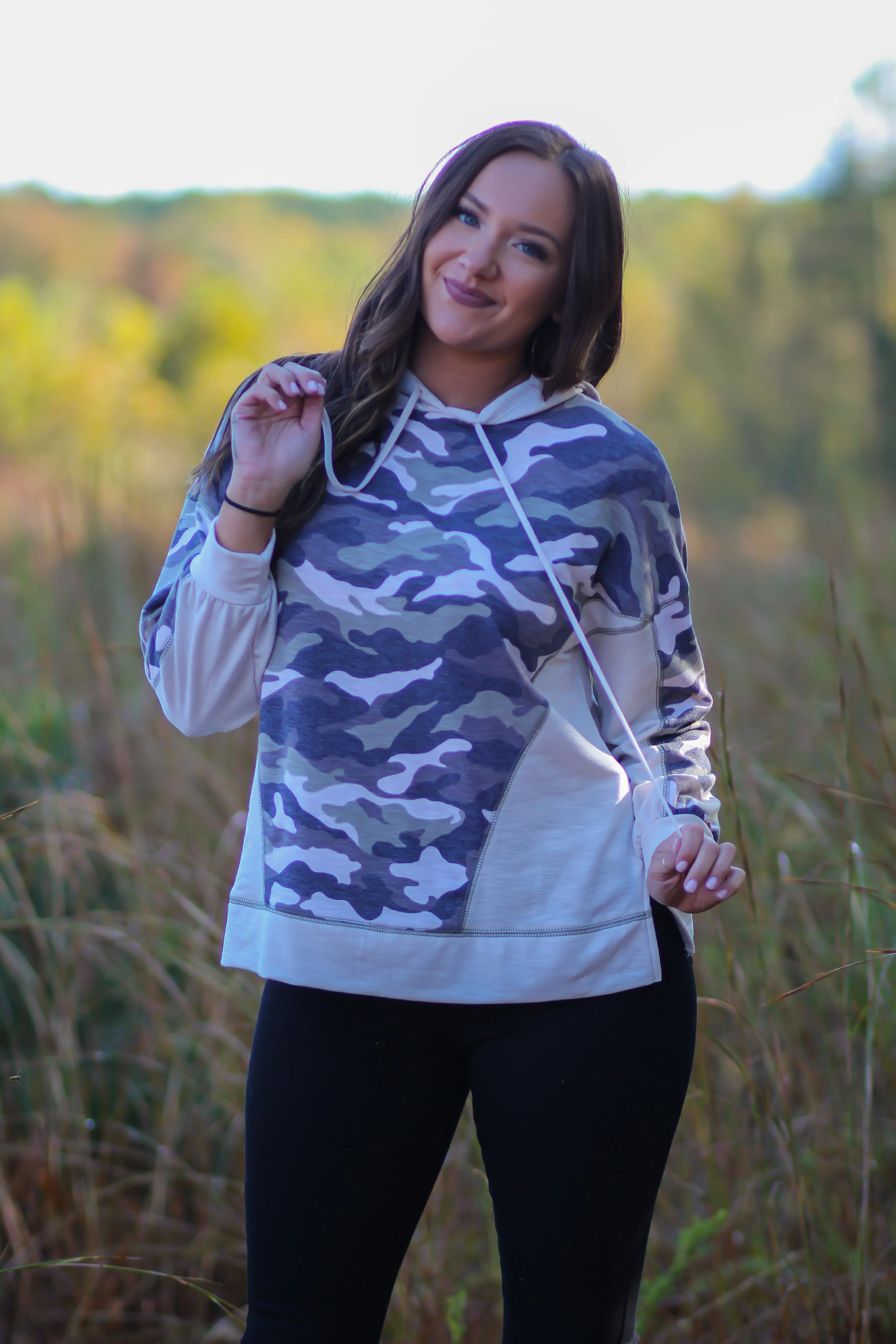 Cream & Camo Contrast Hooded Top