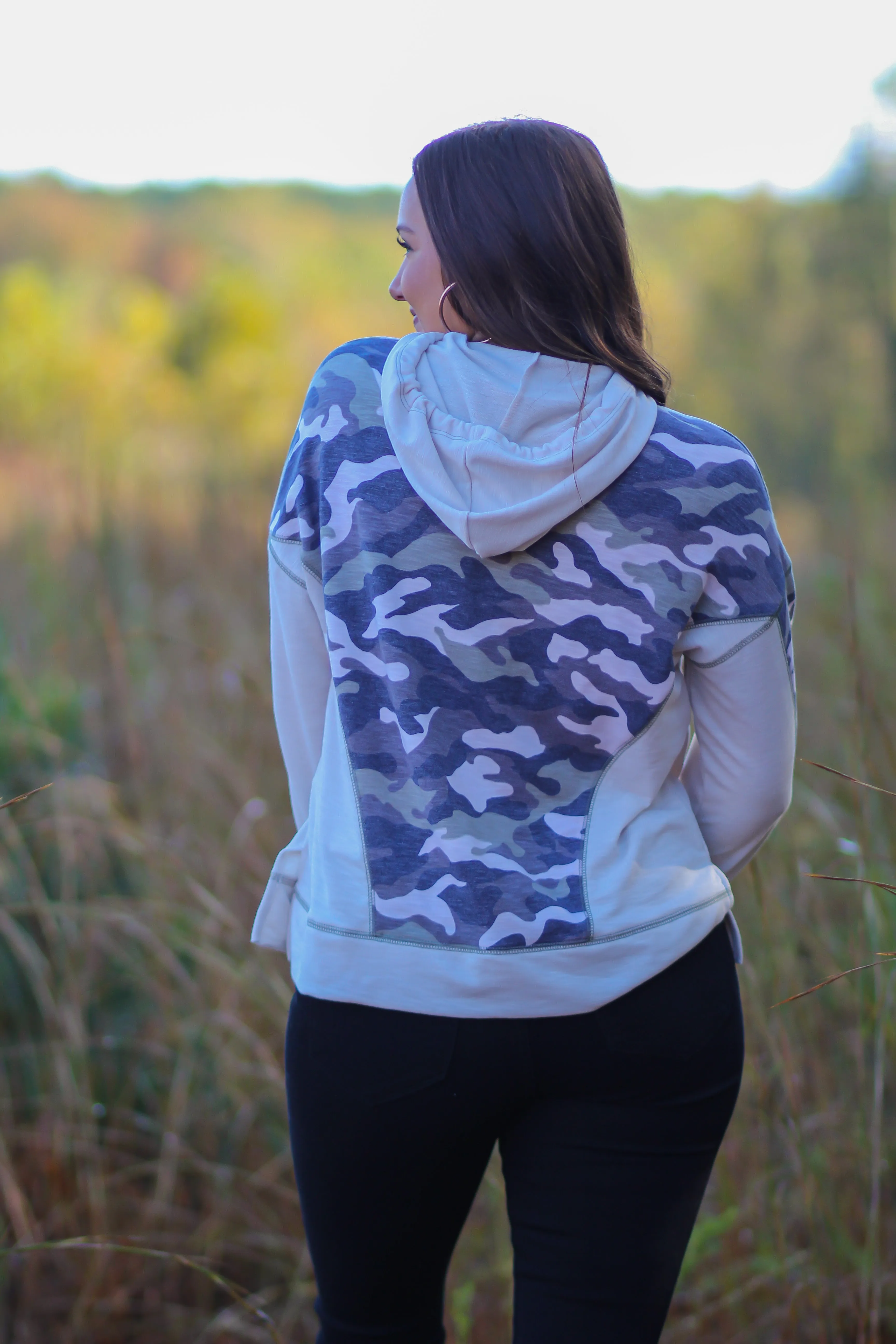 Cream & Camo Contrast Hooded Top