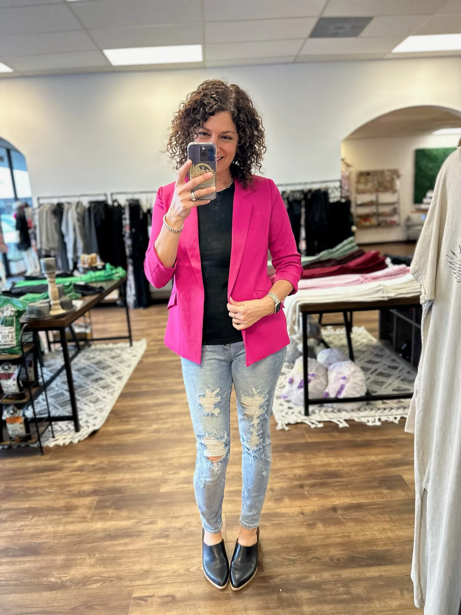 Eco-Friendly Recycled Poly Shirred Sleeve Blazer - Berry Pink