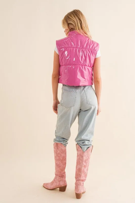 Gloss Shiny PU Quilted Puffer Crop Vest
