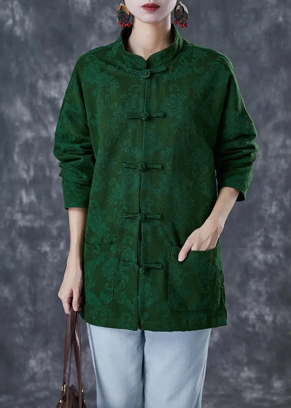 Green Jacquard Chinese Button Coats