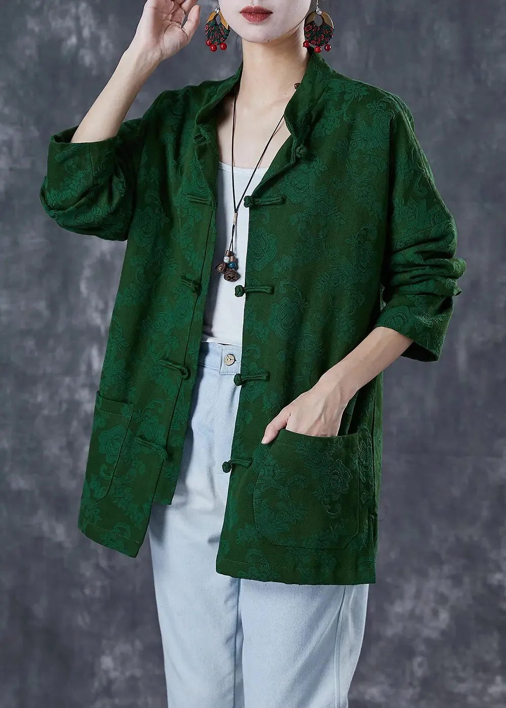 Green Jacquard Chinese Button Coats