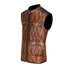 H302COB- Cuadra maple casual fashion quilted goat leather racer vest for men