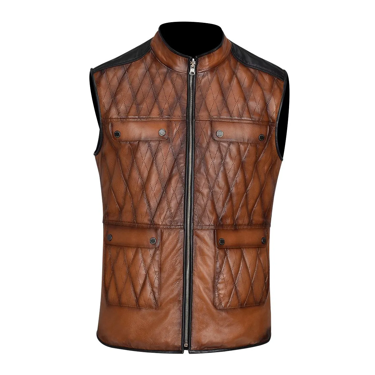 H302COB- Cuadra maple casual fashion quilted goat leather racer vest for men