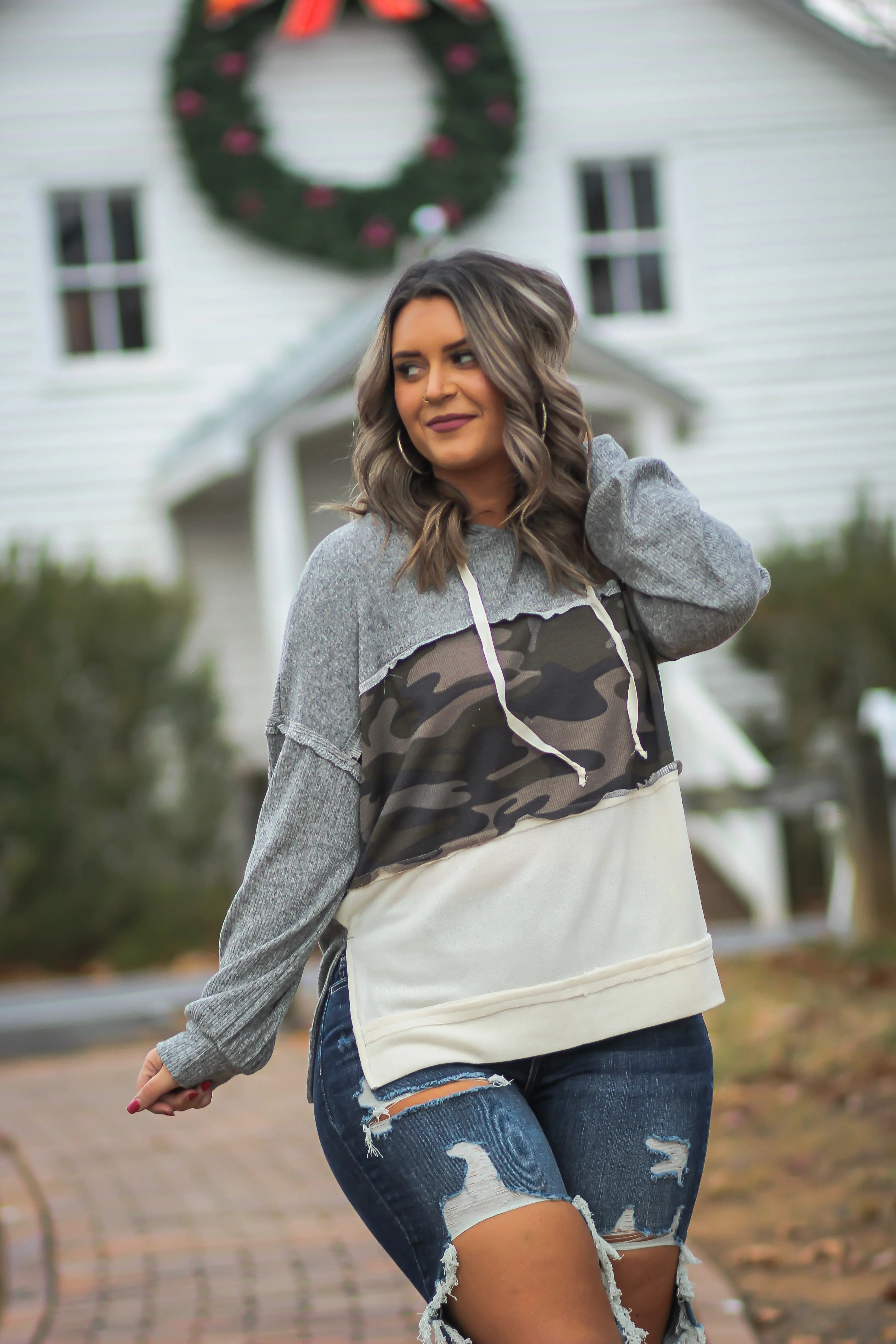 Heather Grey & Camo Colorblock Hooded Top In Regular & Curvy