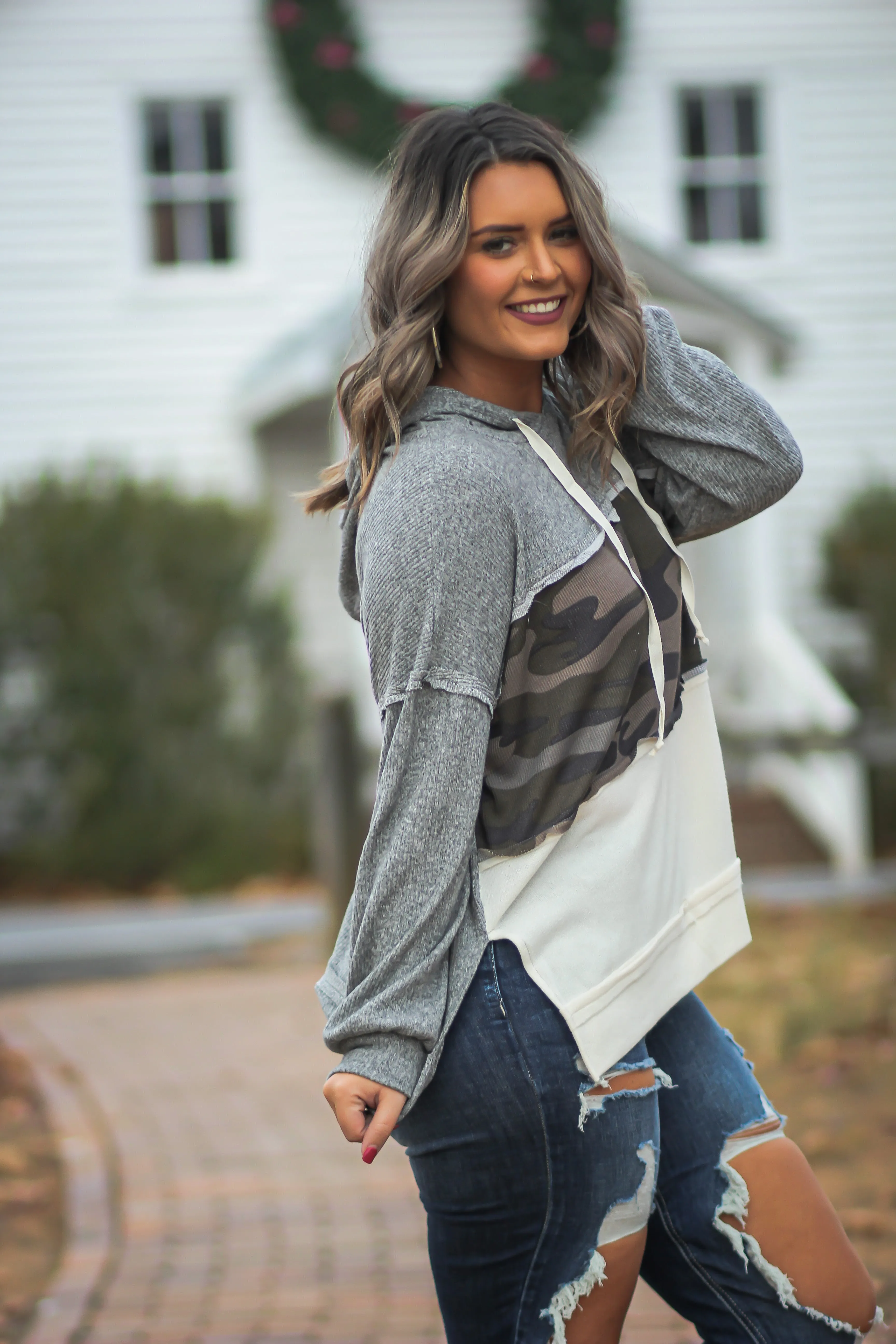 Heather Grey & Camo Colorblock Hooded Top In Regular & Curvy