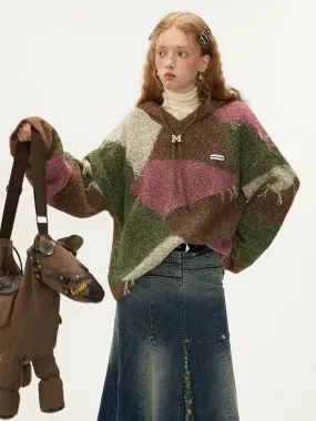 Hooded Color Retro Block Knit