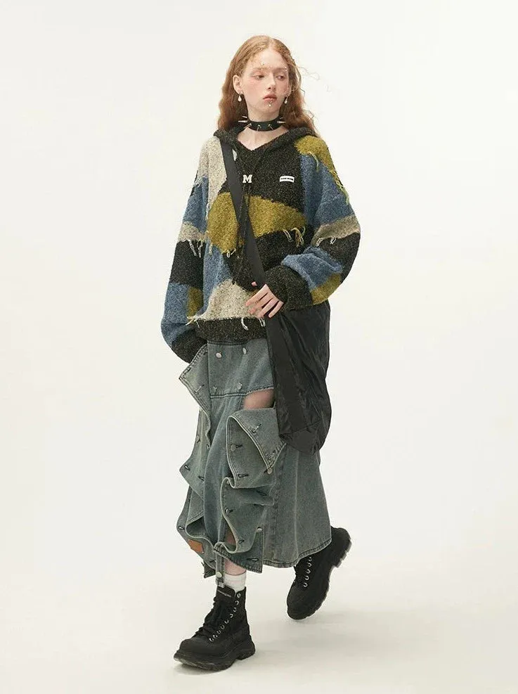 Hooded Color Retro Block Knit