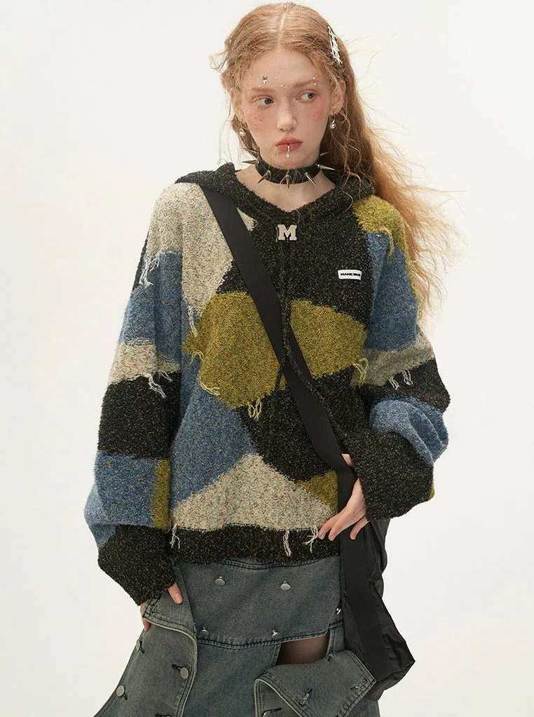 Hooded Color Retro Block Knit