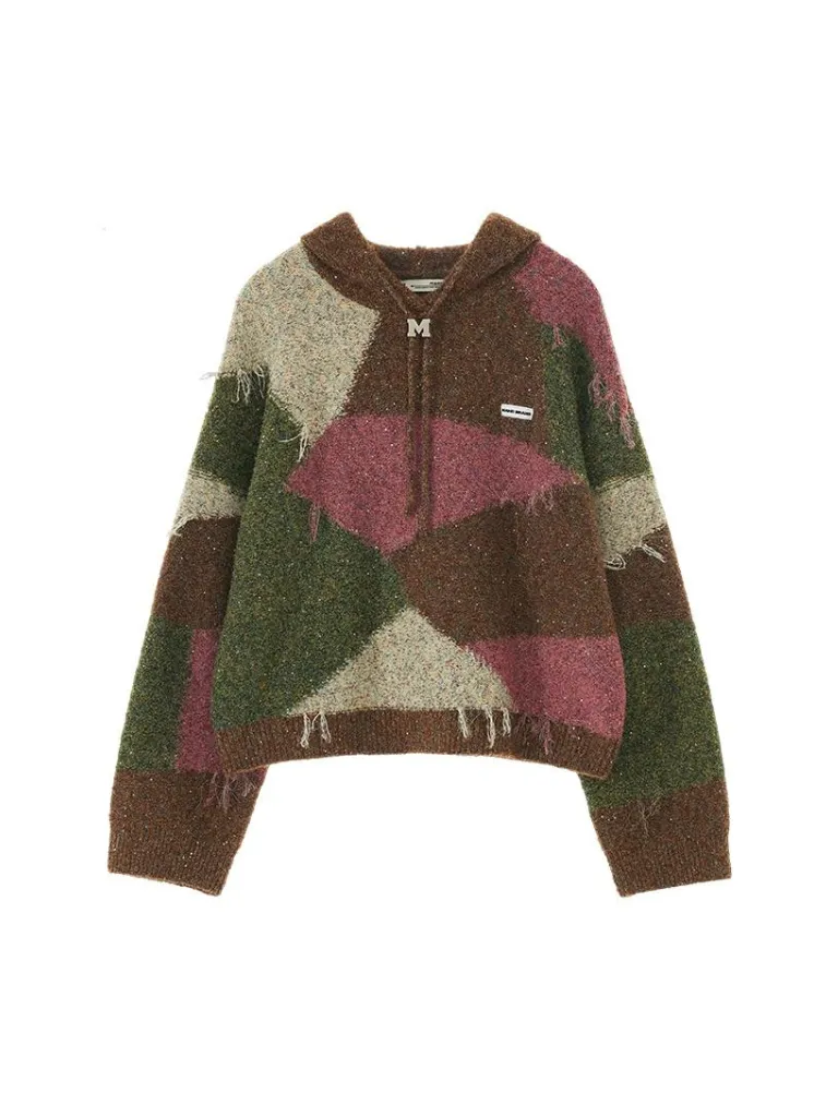Hooded Color Retro Block Knit