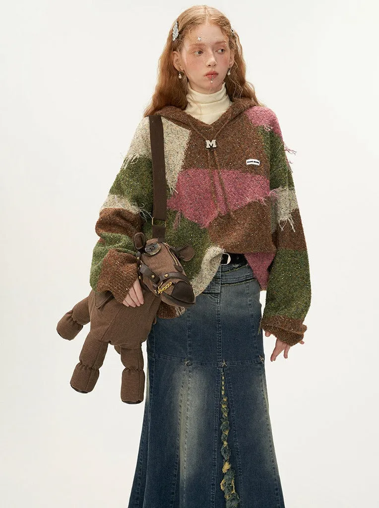 Hooded Color Retro Block Knit
