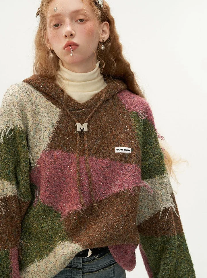 Hooded Color Retro Block Knit