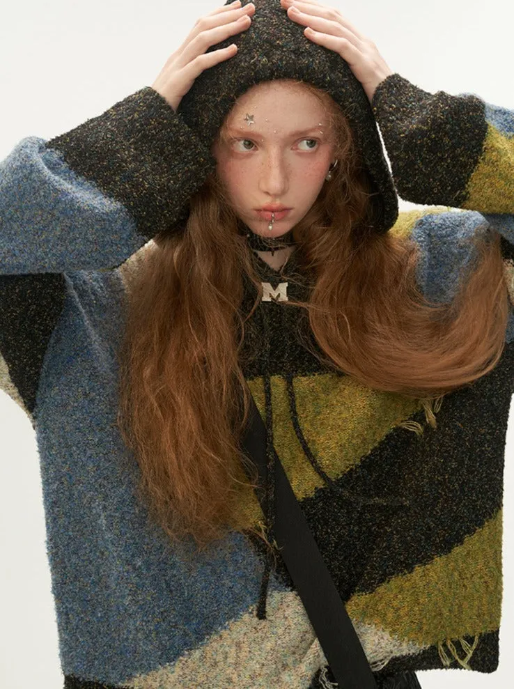 Hooded Color Retro Block Knit