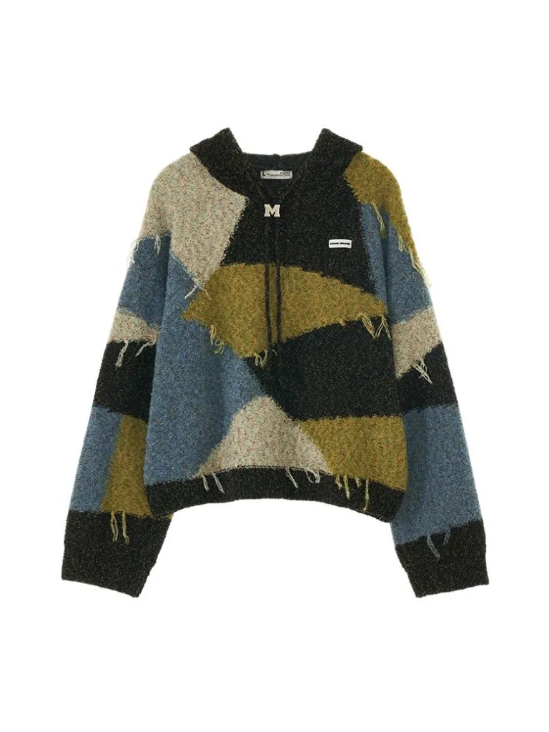 Hooded Color Retro Block Knit