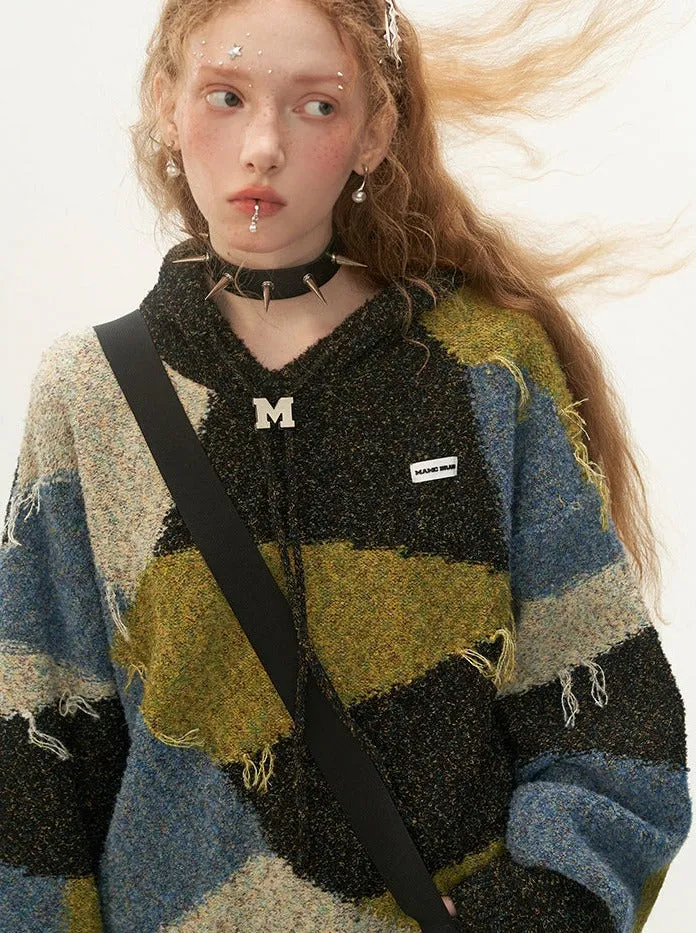 Hooded Color Retro Block Knit