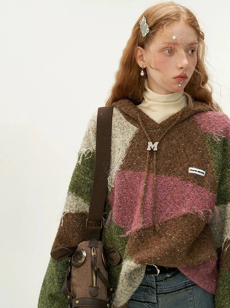 Hooded Color Retro Block Knit