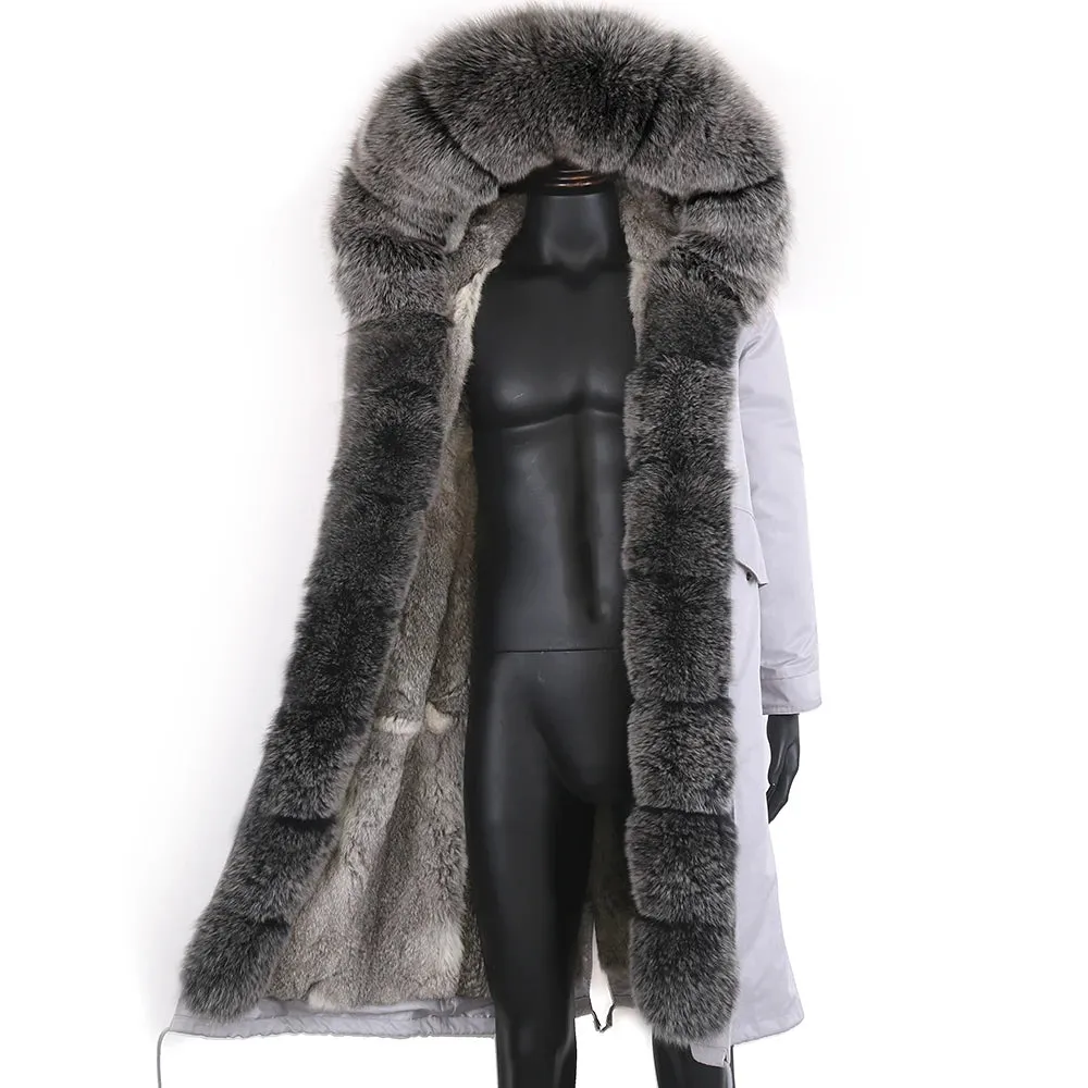 LVSANW Winter X-Long New Gray Natural Real Fox Fur Jacket Coats Men Fashion Real Fur Coat Long Parkas Winter Black Parka Removable