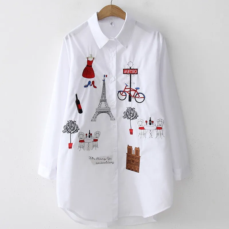 New White Women Blouse 2023 Long Sleeve Cotton Embroidery Blouse Lady Casual Button Design Turn Down Collar Female Shirt  5083