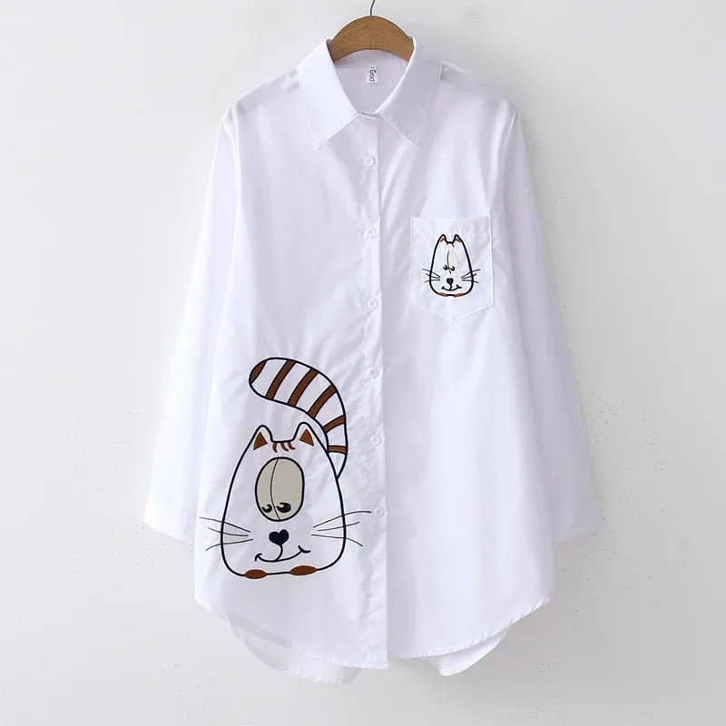 New White Women Blouse 2023 Long Sleeve Cotton Embroidery Blouse Lady Casual Button Design Turn Down Collar Female Shirt  5083