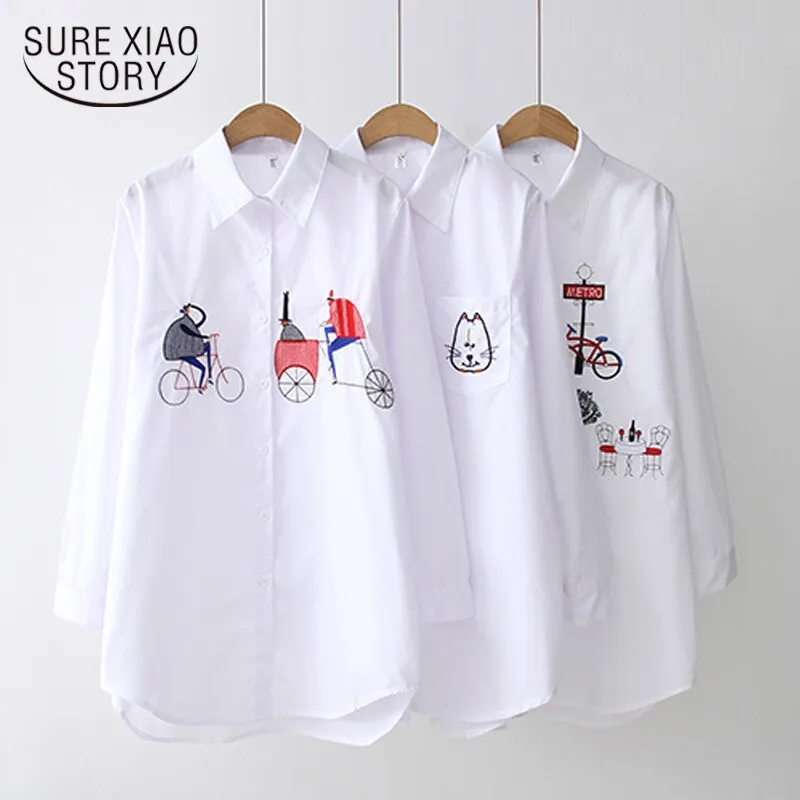 New White Women Blouse 2023 Long Sleeve Cotton Embroidery Blouse Lady Casual Button Design Turn Down Collar Female Shirt  5083