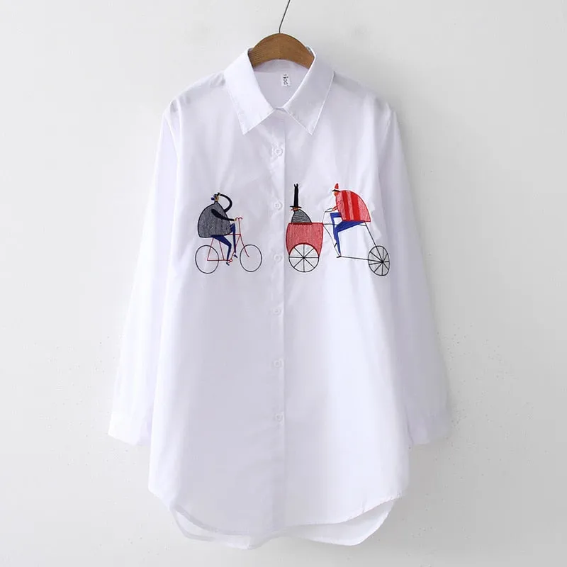 New White Women Blouse 2023 Long Sleeve Cotton Embroidery Blouse Lady Casual Button Design Turn Down Collar Female Shirt  5083