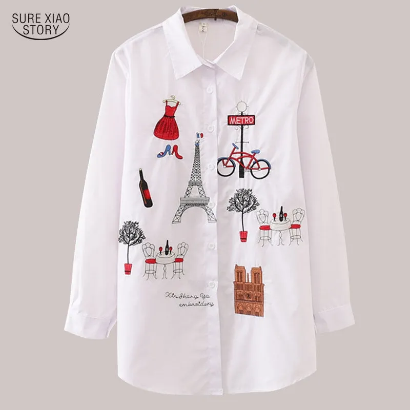 New White Women Blouse 2023 Long Sleeve Cotton Embroidery Blouse Lady Casual Button Design Turn Down Collar Female Shirt  5083