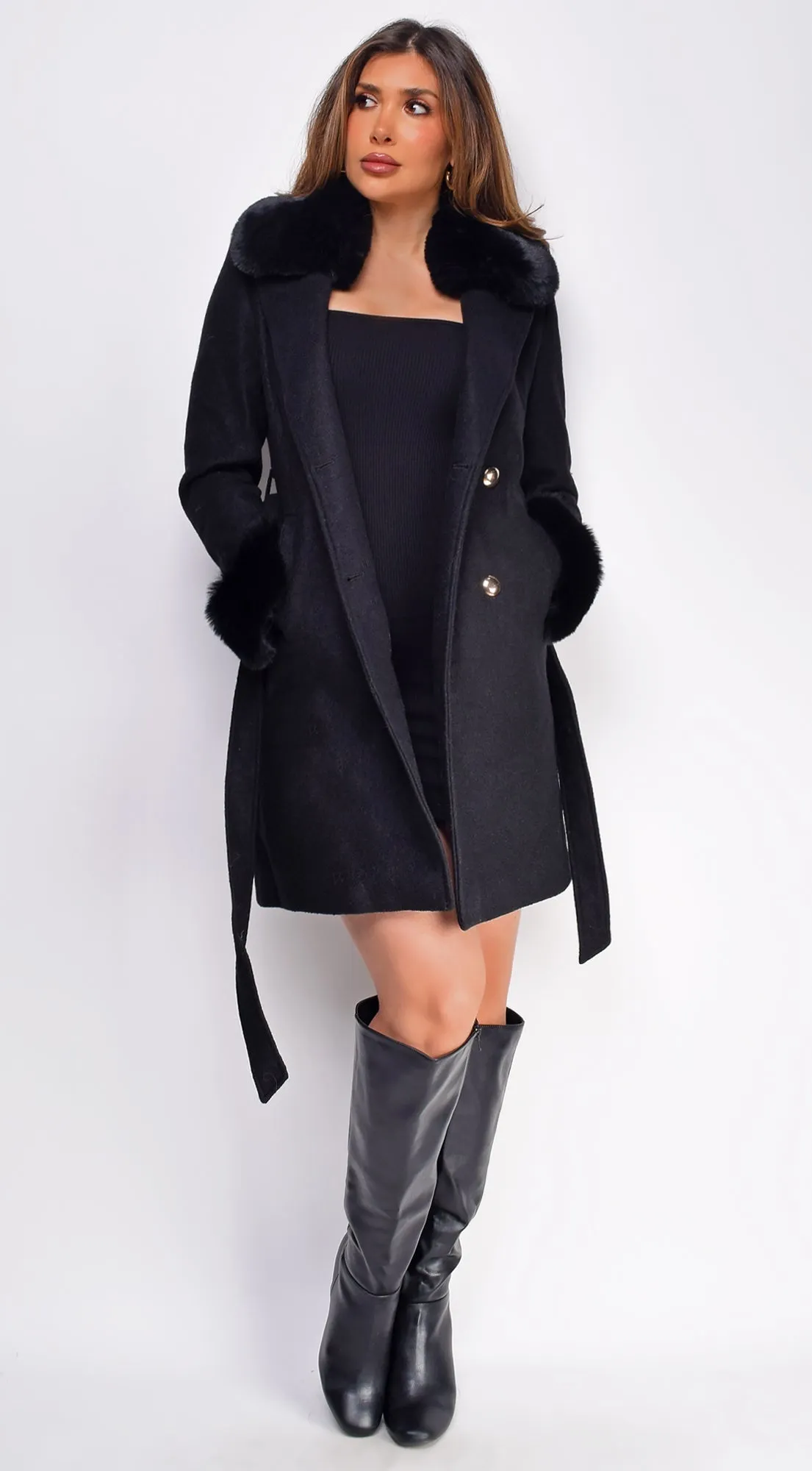 Polina Black Fur Wool Coat