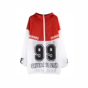 Red and White Contrast Color Long Sunscreen Hooded Jacket