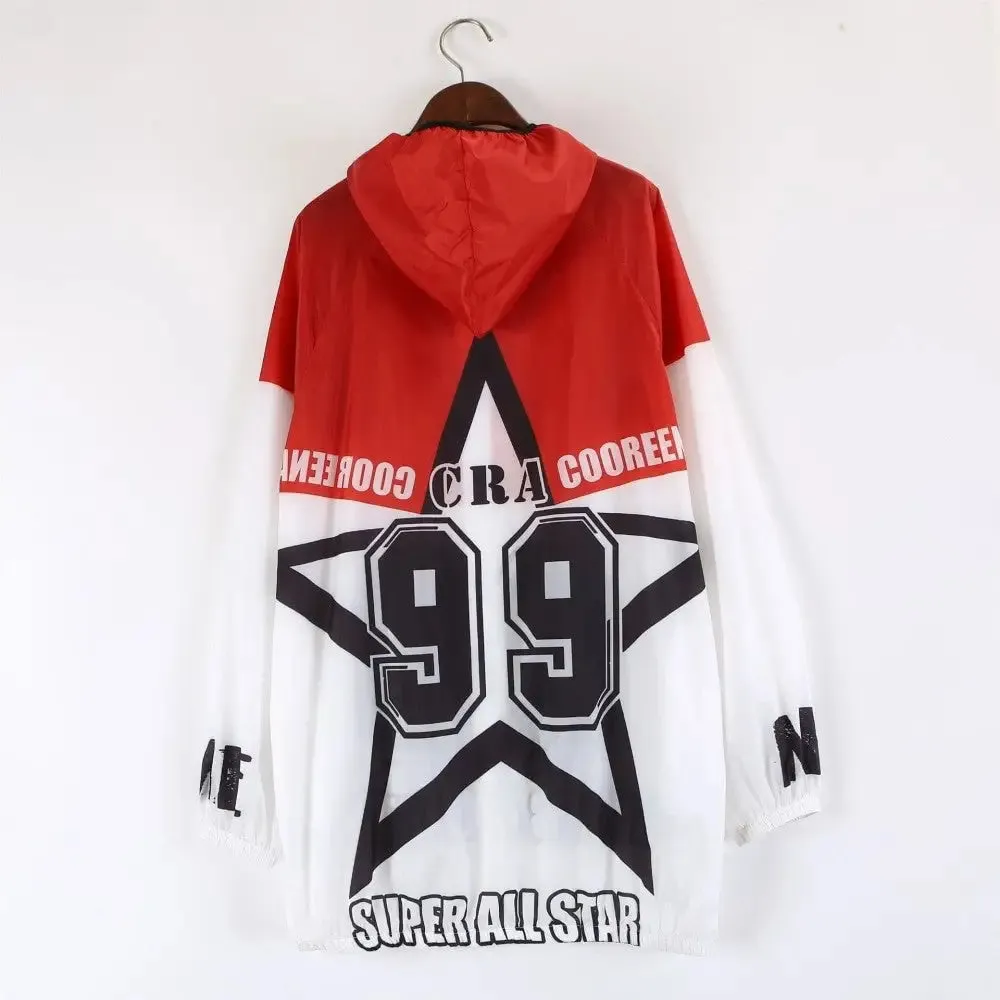 Red and White Contrast Color Long Sunscreen Hooded Jacket