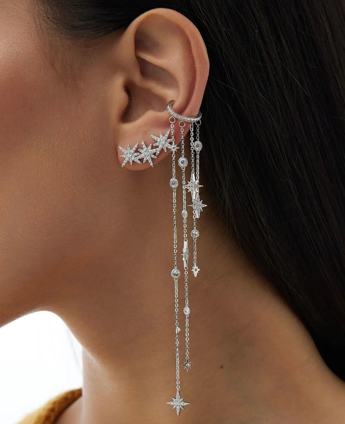 Starfall Pave Cuff Crystal Chain Earring