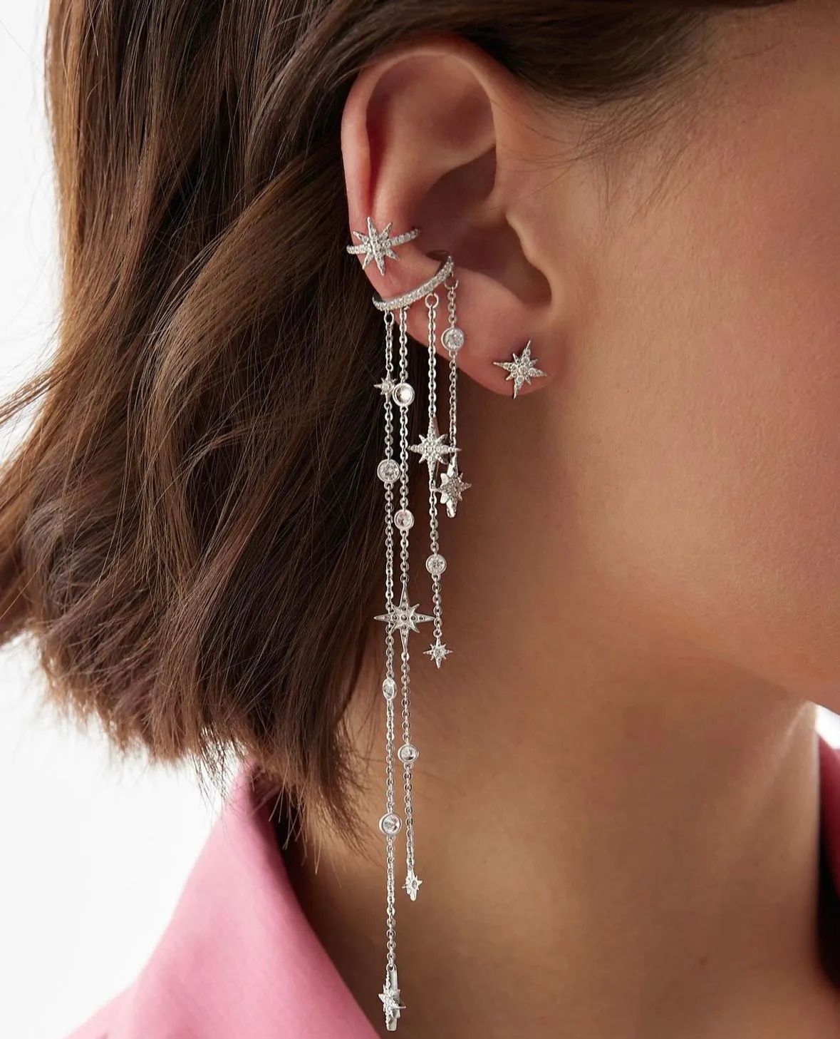 Starfall Pave Cuff Crystal Chain Earring