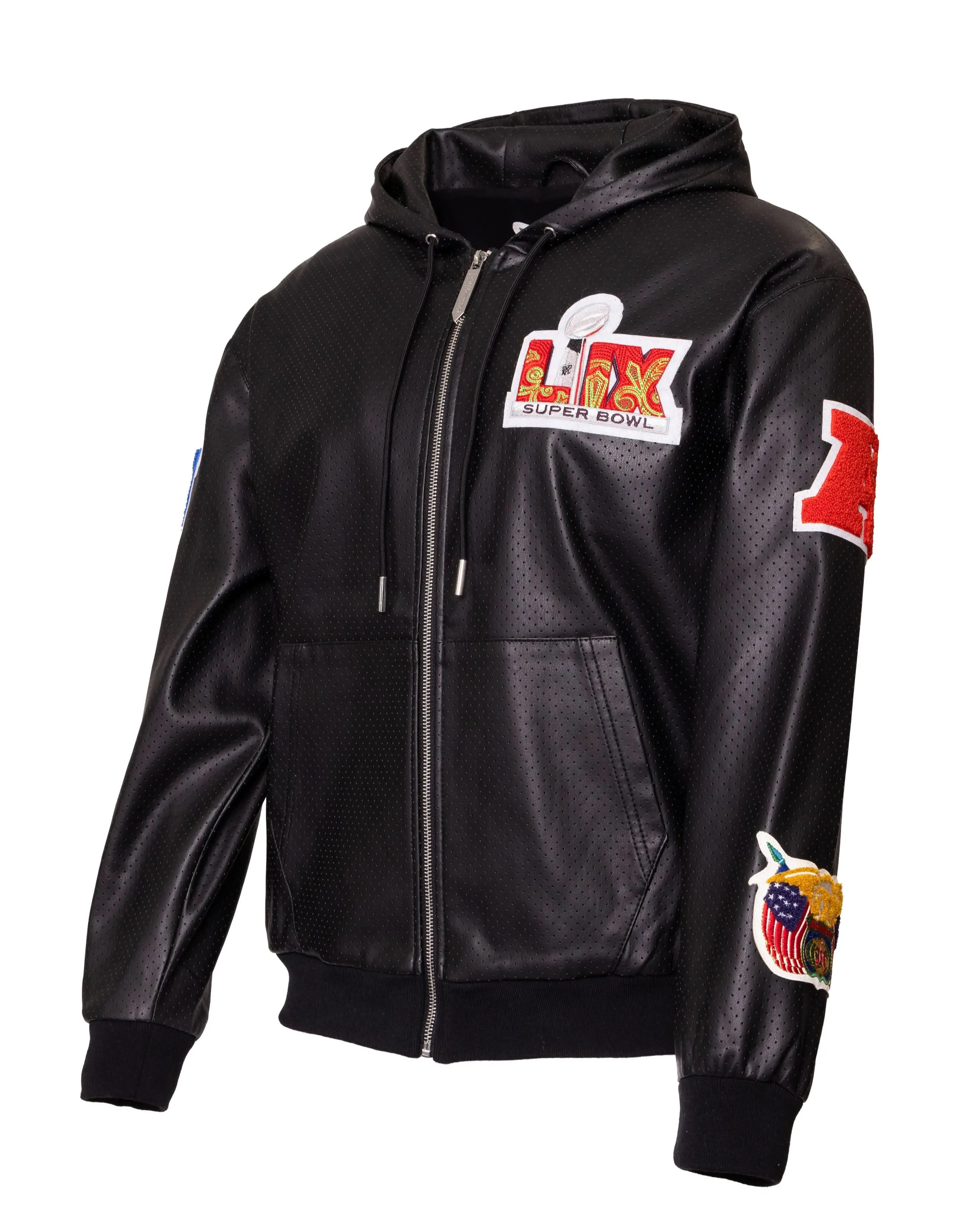 SUPER BOWL 2025 VEGAN LEATHER ZIP-UP HOODED JACKET