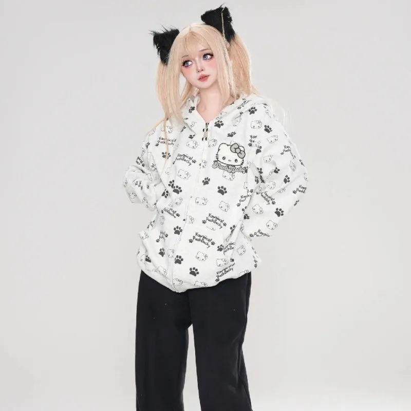 Sweet Japanese Style Hello Kitty Printed Hooded Sweatshirt