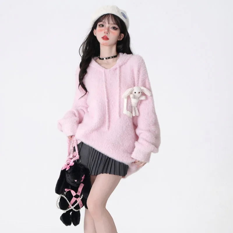 Sweet Lazy Style Pink Hooded Sweater