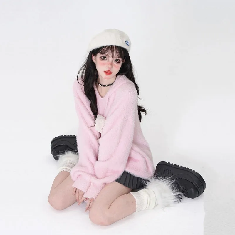 Sweet Lazy Style Pink Hooded Sweater