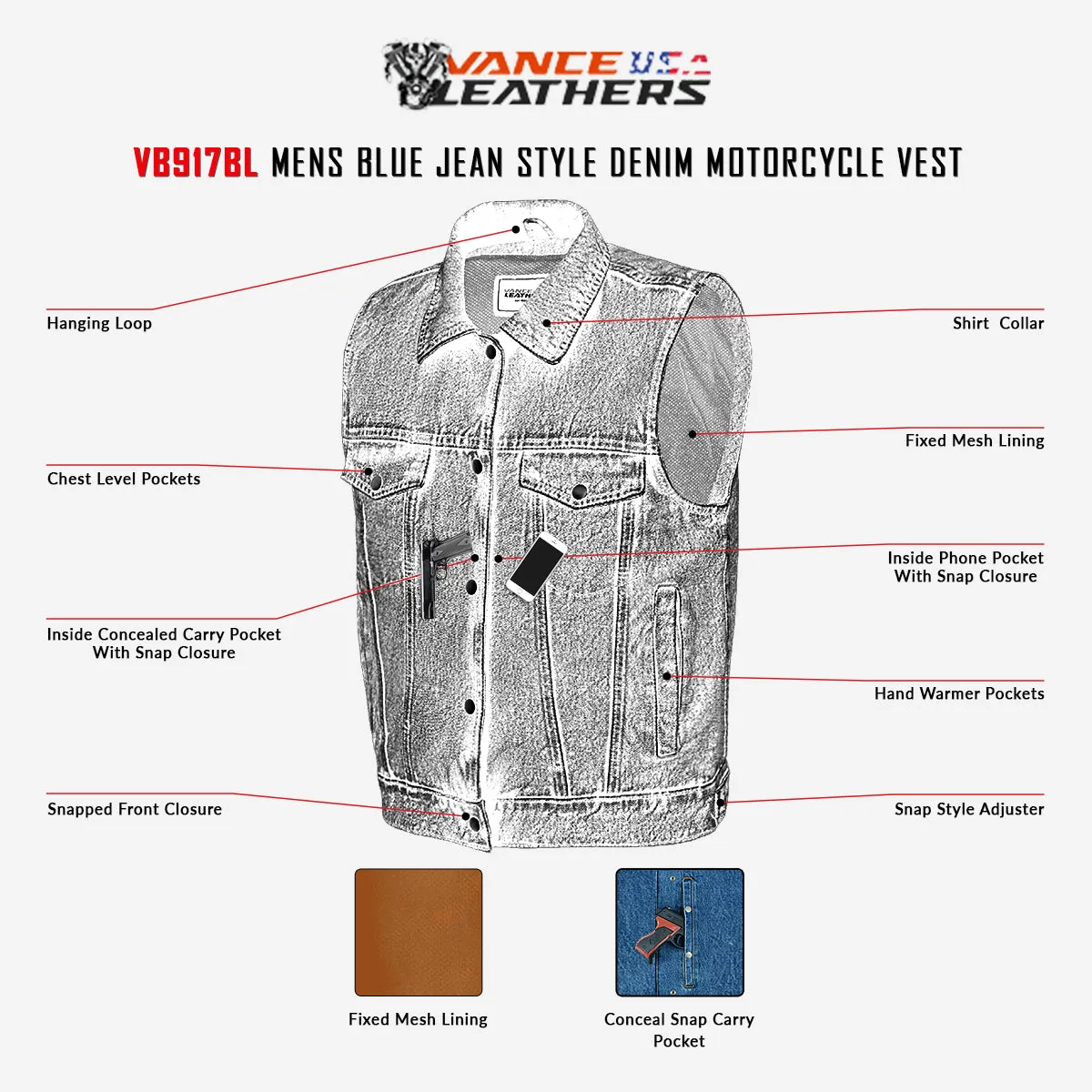 VB917Bl Men's Blue Denim Vest with Collar