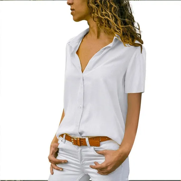 Women Solid White Blouse Tops Office Lady Work Chiffon Button 2022 Summer Short Sleeve