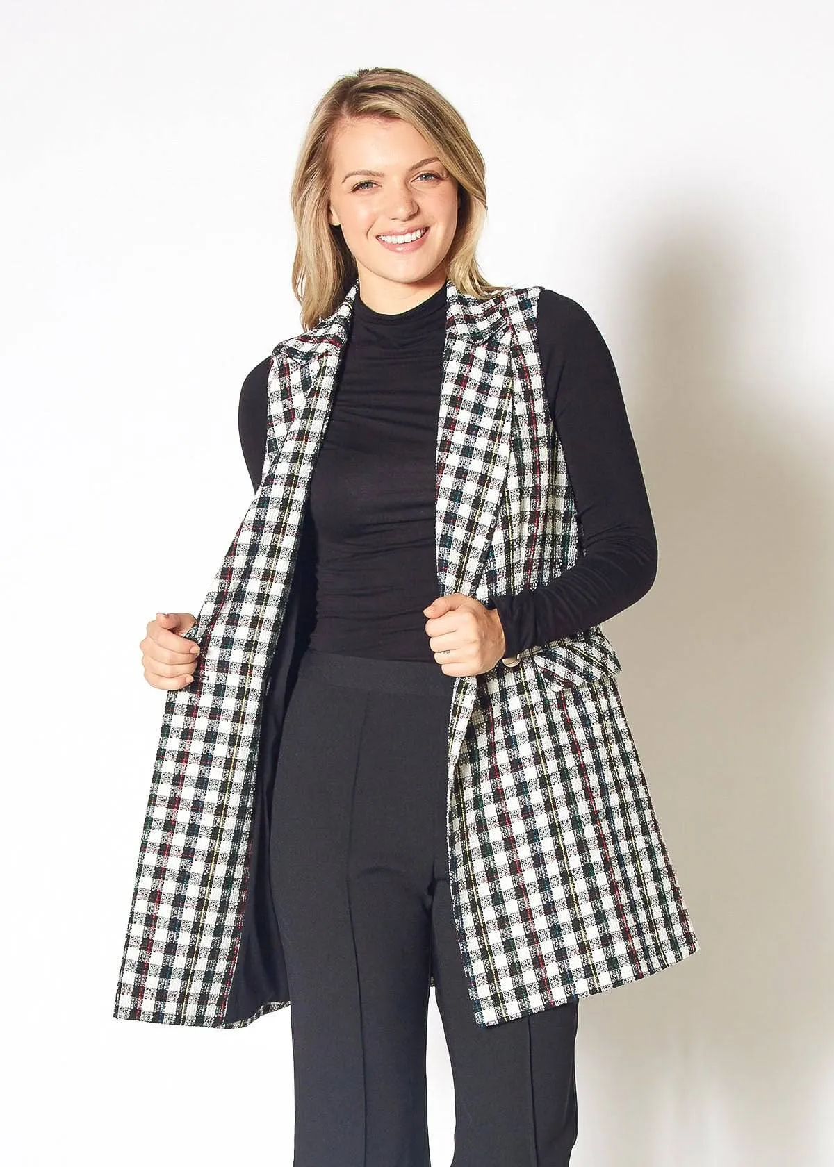 Women's Boucle Longline Vest in Black Plaid