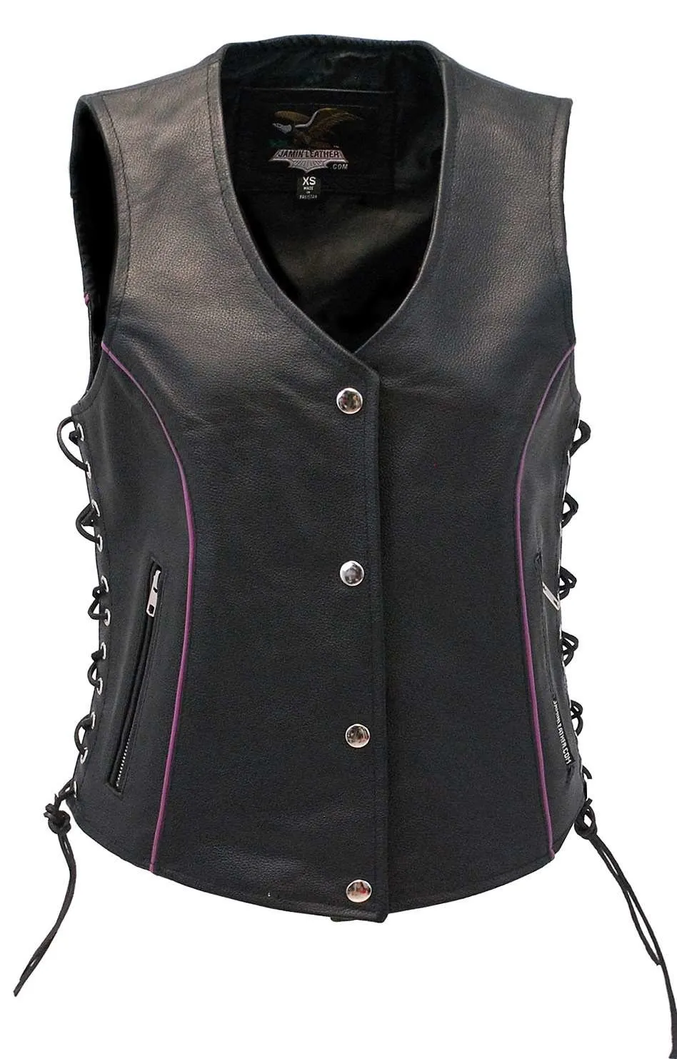 Women's Purple Piping Side Lace Concealed Pocket Vest #VL68501GPU ()
