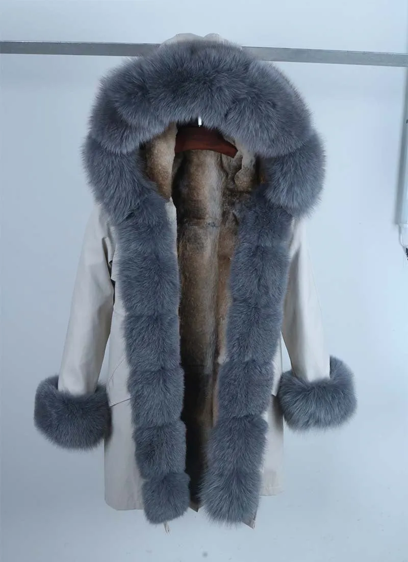 Women's Winter Casual Warm Waterproof Parka With Rabbit Fur