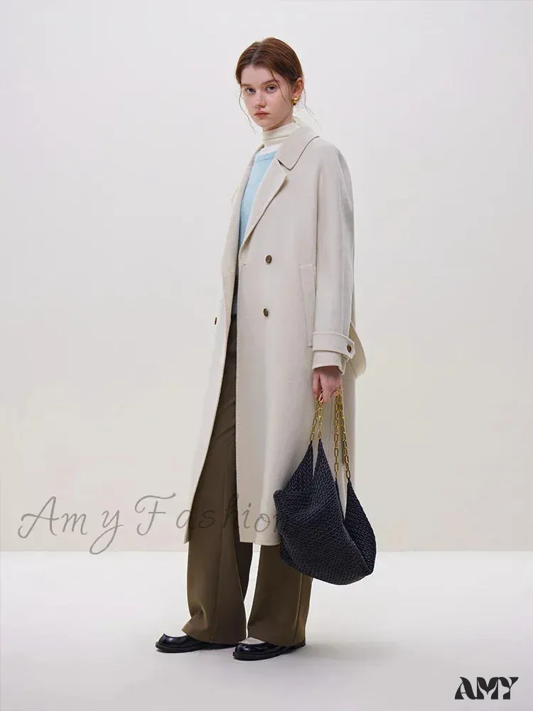 Wool Winter Notched Collar Belt Decoration Long Double Breasted Coat