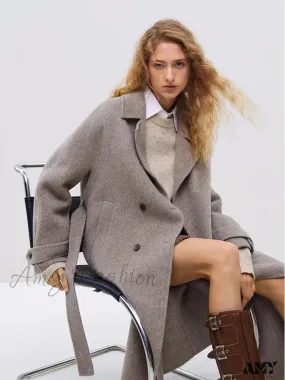 Wool Winter Notched Collar Belt Decoration Long Double Breasted Coat